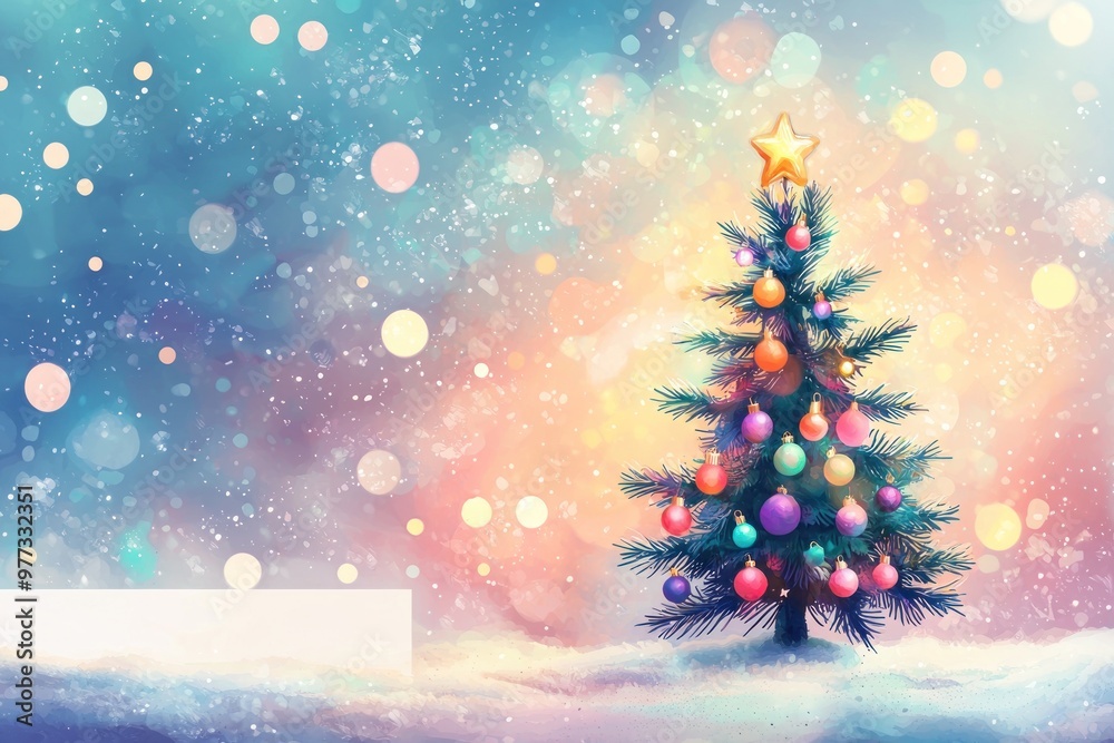 A colorful pastel illustration showing a small Christmas tree decorated with lights, set against a snowy landscape, with a bokeh-like background. The colors include blue, purple, pink, orange, yellow, A colorful pastel illustration showing a small Christmas tree decorated with lights, set against a snowy landscape, with a bokeh-like background. The colors include blue, purple, pink, orange, yellow,