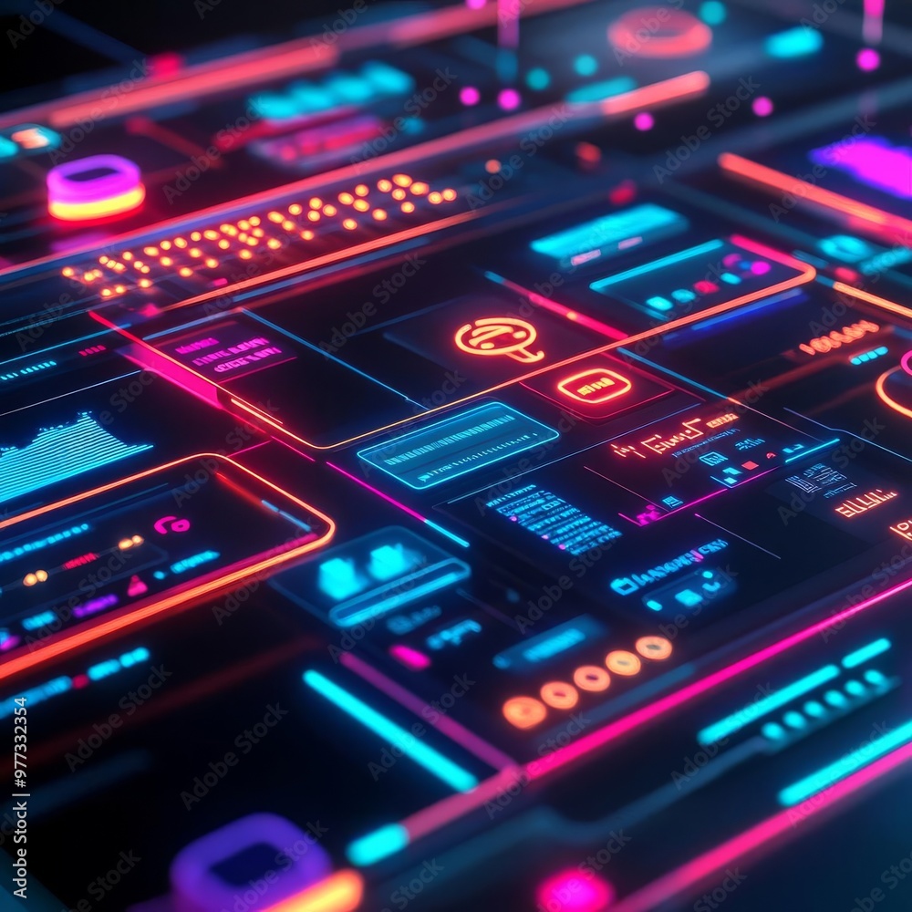 Software UI scalability platforms, neon data flows, holographic dashboard views Software UI scalability platforms, neon data flows, holographic dashboard views