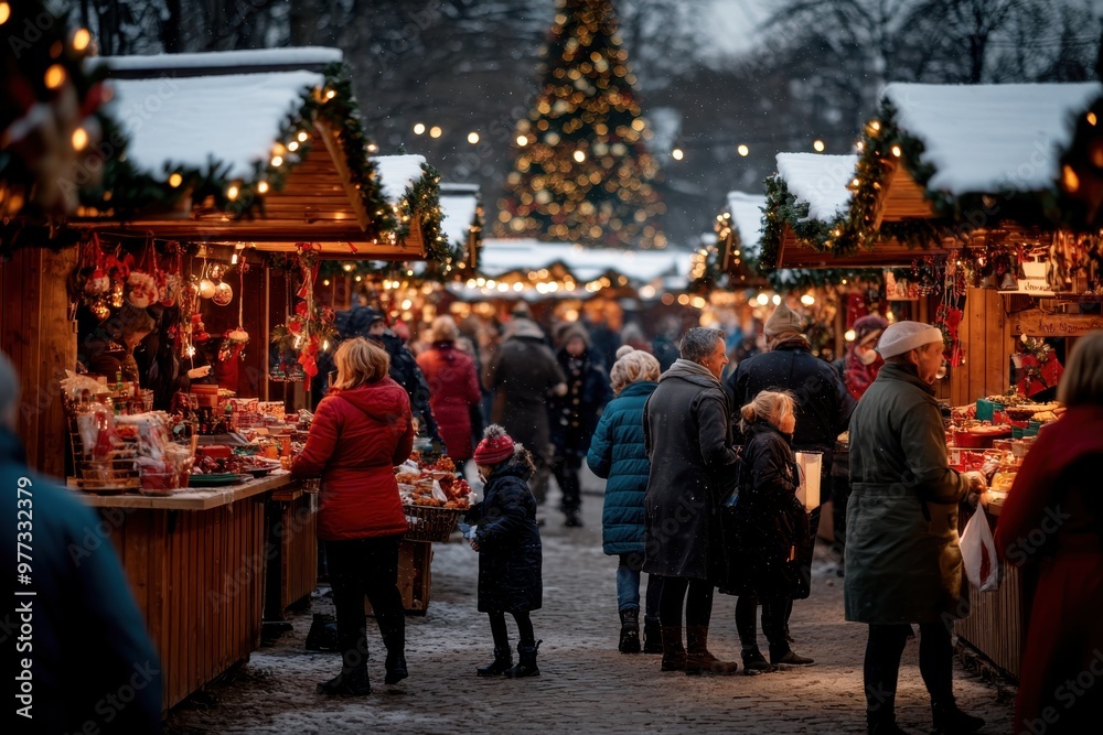 Naklejka premium A vibrant Christmas market scene featuring wooden stalls adorned with festive lights, and diverse shoppers browsing and enjoying the holiday atmosphere amid snowy streets.