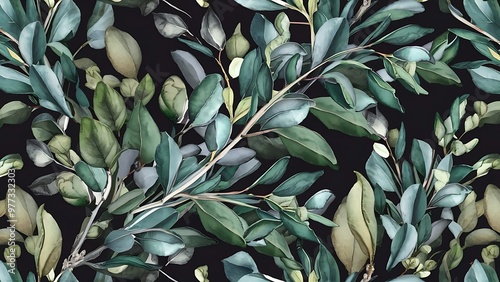 Watercolor eucalyptus branches and leaves seamless pattern, hand painted on a dark background