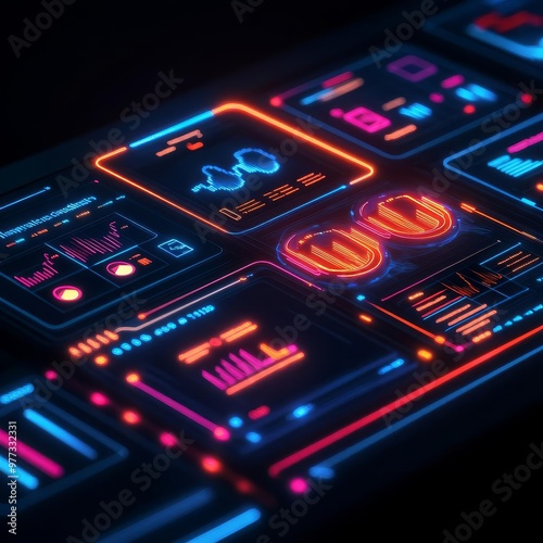 Software UI scalability platforms, neon data flows, holographic dashboard views