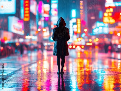 A lone figure stands in the rain on a vibrant, neon-lit street, capturing the essence of solitude and city life.