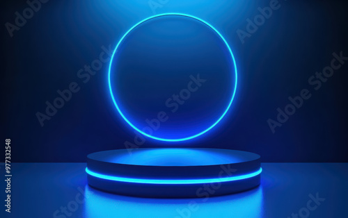 Futuristic blue neon circular platform glowing in dark room, perfect for tech, design, and innovation themes.