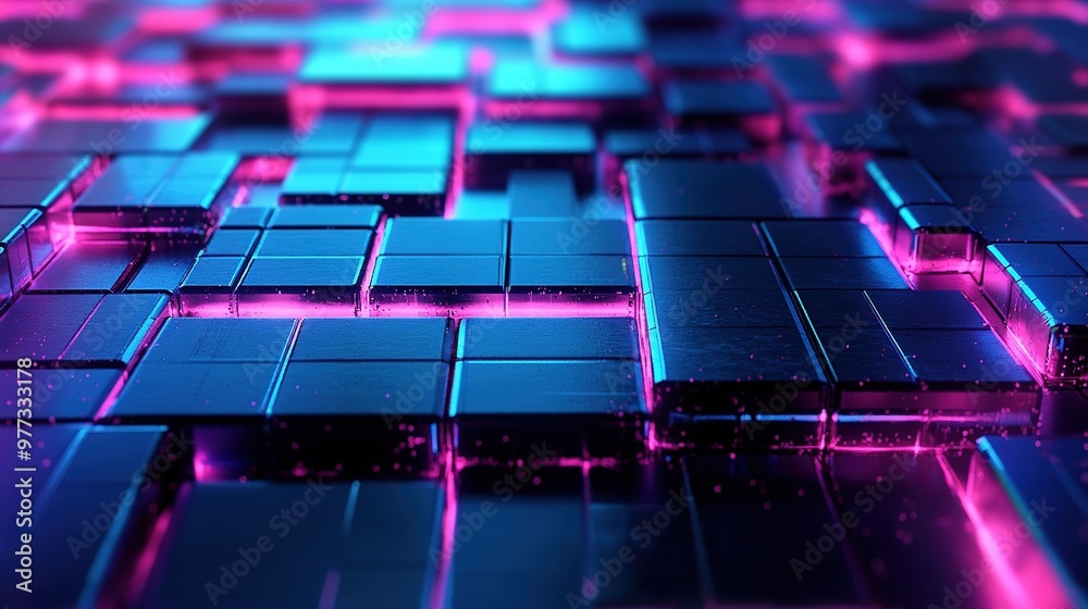 Obraz premium A seamless digital 3D background texture with a grid-like pattern and neon accents, ideal for cyberpunk and sci-fi aesthetics.