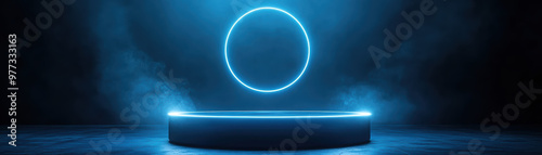 Futuristic neon circle on a glowing platform in a dark room, creating a mysterious and sci-fi atmosphere with blue lighting and smoke effects.