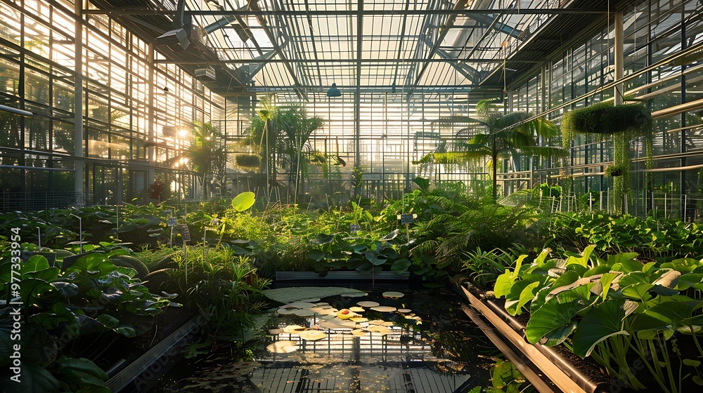 Gigantic greenhouse complex, botanical research center: A sprawling greenhouse complex houses a vast array of plant species, its high-tech environment dedicated to botanical research and preservation. Gigantic greenhouse complex, botanical research center: A sprawling greenhouse complex houses a vast array of plant species, its high-tech environment dedicated to botanical research and preservation.