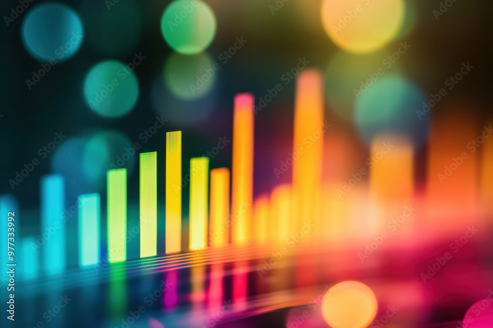 Colorful abstract representation of a bar chart with neon lights and a bokeh effect, symbolizing data analysis, business growth, and digital technology. Colorful abstract representation of a bar chart with neon lights and a bokeh effect, symbolizing data analysis, business growth, and digital technology.