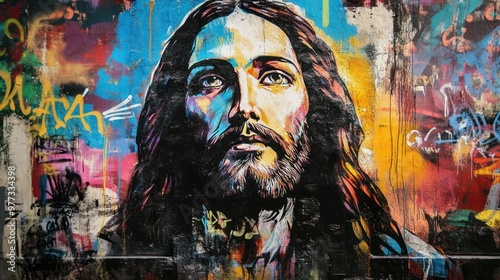Jesus Christ in contemporary urban art, where street art techniques bring His image into a modern, vibrant context.