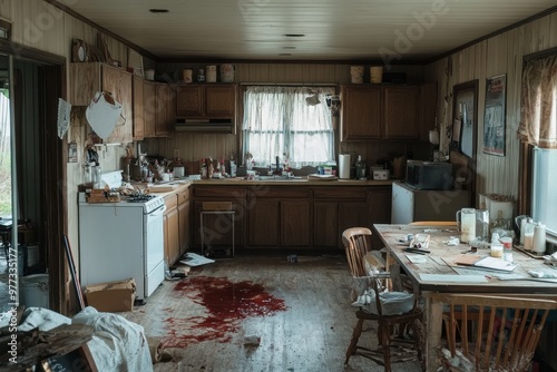 An intriguing scene in a disordered kitchen, featuring a conspicuous bloodstain on the floor amid cluttered surfaces, suggesting an unresolved mystery or event.