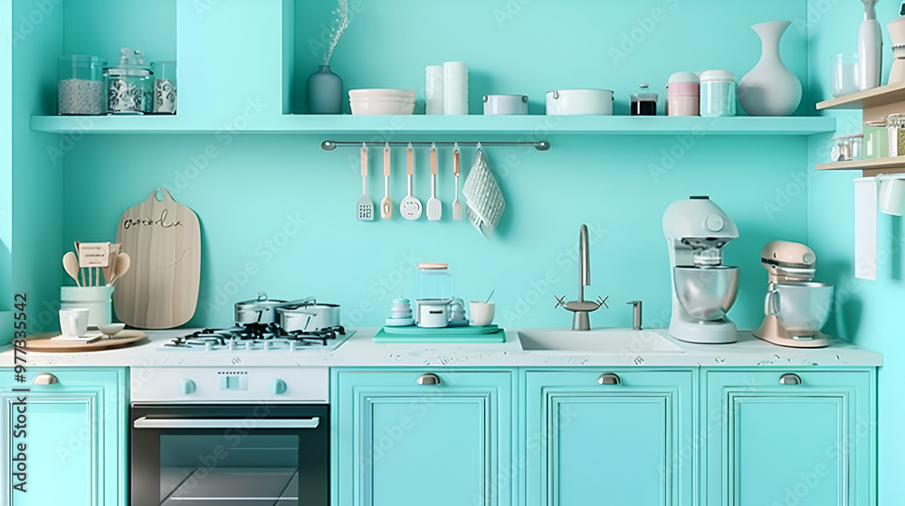 Kitchen utensils on the shelf in blue tiled room ,Wooden kitchen utensils and vegetables on shelf in modern kitchen Kitchen utensils on the shelf in blue tiled room ,Wooden kitchen utensils and vegetables on shelf in modern kitchen