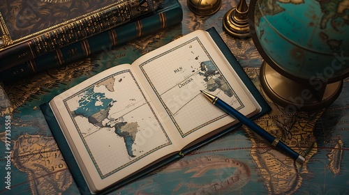 Top view of a classic fresh diary on a map backdrop with a stylus next to a globe photo