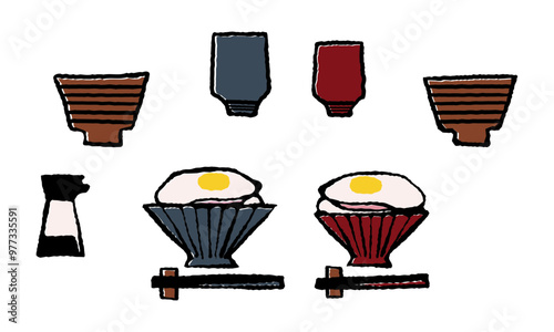 ２人分の目玉焼きのせご飯と味噌汁とお茶と醤油のイラスト(カラー)