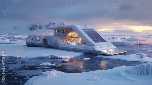 Floating solar-powered research station in the Arctic: A cutting-edge research station floats amidst Arctic ice, powered by solar panels and designed to withstand extreme conditions while studying 