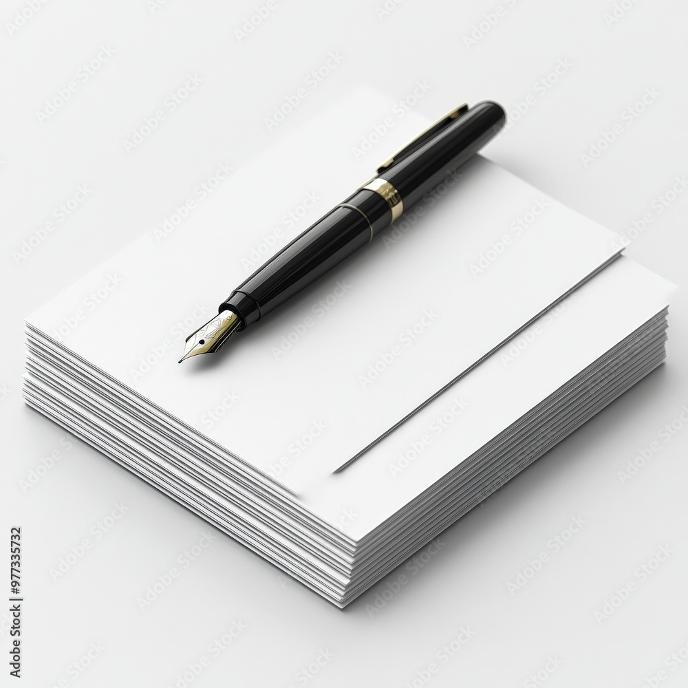 Classic Fountain Pen on Stack of White Papers for Writing Inspiration and Creativity Classic Fountain Pen on Stack of White Papers for Writing Inspiration and Creativity
