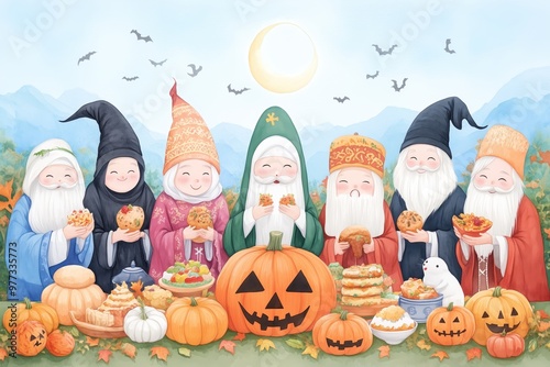 A Gnomes' Guide to Autumn Treats: Seven whimsical gnomes gather for a festive feast, their smiles as bright as the jack-o'-lantern centerpiece in this charming Halloween illustration.  photo