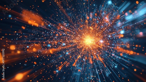 A bright orange and blue starburst with a yellow center