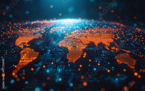 A glowing digital world map in blue and orange tones representing global connectivity, technology, and data networking using light points and lines.