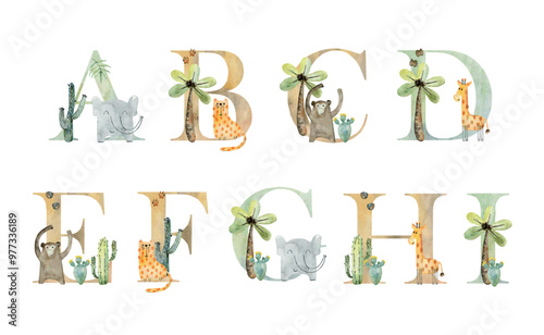 Watercolor animals letters.