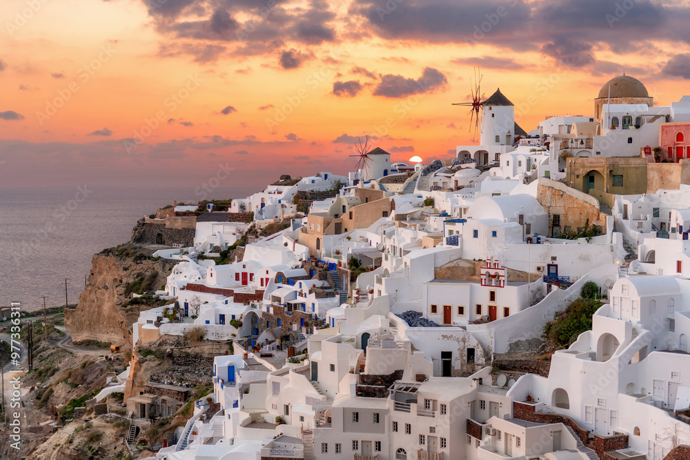 Sunset at Santorini island in Oia village, Santorini island, Greece.