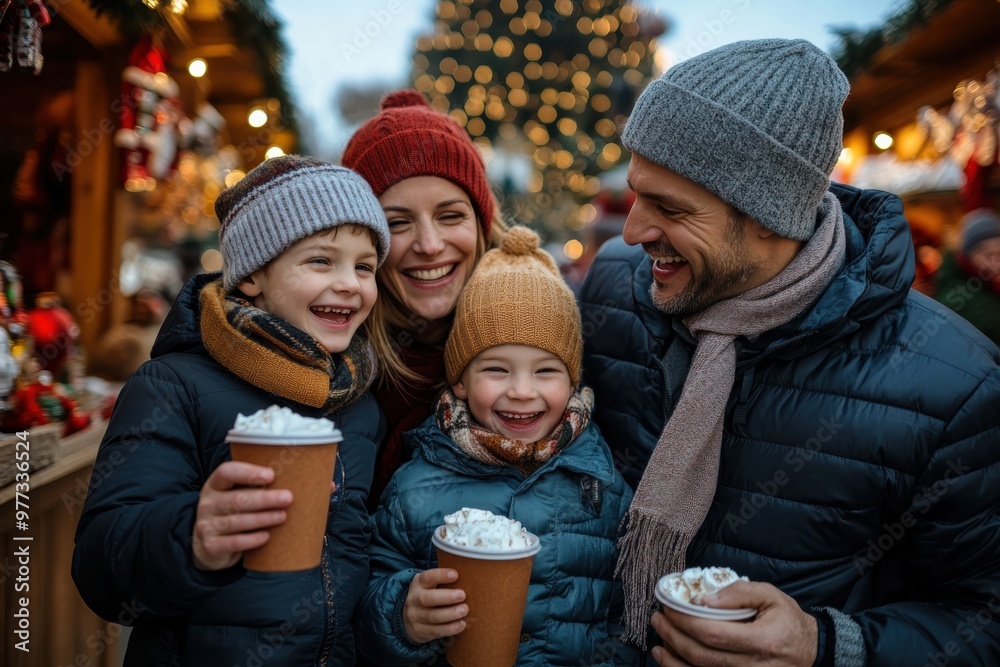 A joyous family of four, dressed warmly, enjoying festive drinks amidst a vibrant holiday market, capturing happiness and family bonds in the lively festive setting. A joyous family of four, dressed warmly, enjoying festive drinks amidst a vibrant holiday market, capturing happiness and family bonds in the lively festive setting.