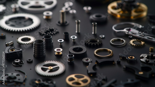 Intricate dismantled mechanical watch with detailed gears and springs on dark background, symbolizing precision and complexity in teardown analysis.