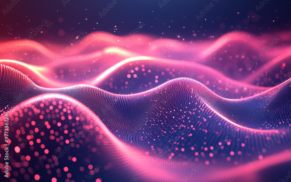 Abstract digital landscape featuring glowing waves and dots, showcasing a futuristic, vibrant, and dynamic scene with a sense of depth and motion. Abstract digital landscape featuring glowing waves and dots, showcasing a futuristic, vibrant, and dynamic scene with a sense of depth and motion.