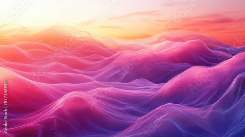 Vibrant digital landscape of undulating, translucent waves in shades of pink, purple, and orange, blending harmoniously under a colorful sunset sky.