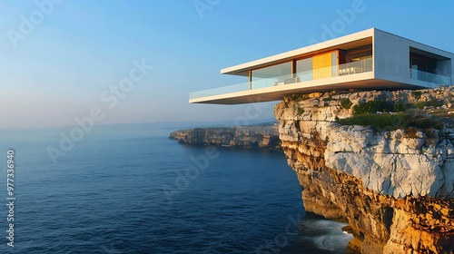 Extreme cantilever house jutting out over cliff: A daring cantilevered house extends dramatically over the edge of a cliff, its bold design defying gravity and offering breathtaking views.  photo