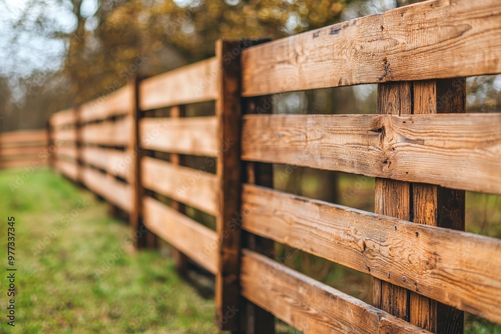 A rustic wooden fence stretches along a grassy path, framed by trees, creating a serene and natural landscape scene. A rustic wooden fence stretches along a grassy path, framed by trees, creating a serene and natural landscape scene.