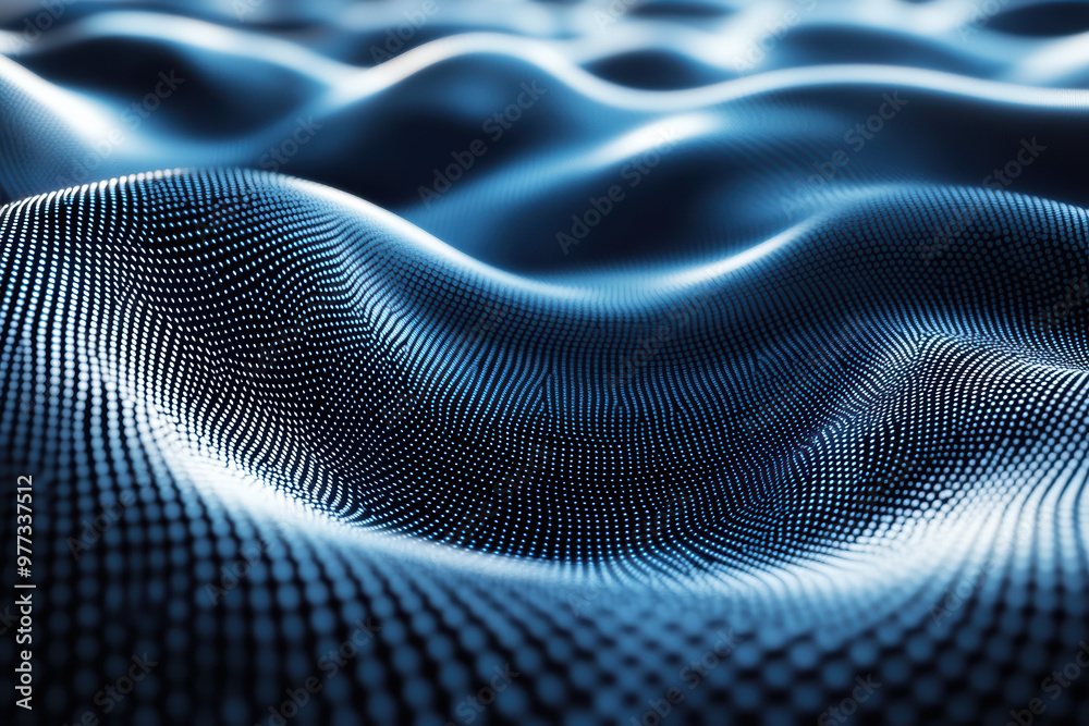 Abstract blue waves of fabric texture create a futuristic, digital landscape appearance with soft curves and a detailed pattern. Conceptual backdrop. Abstract blue waves of fabric texture create a futuristic, digital landscape appearance with soft curves and a detailed pattern. Conceptual backdrop.