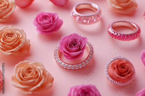 Elegant rings surrounded by pink roses on a soft background.