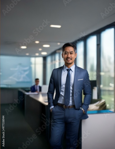 Wallpaper Mural A man in a suit stands in a modern office with large windows and a bright white desk. Torontodigital.ca