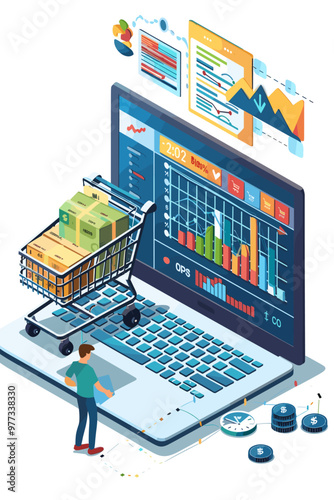 E-commerce data analysis and sales performance tracking with financial charts illustration.