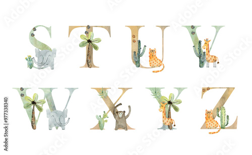 Watercolor animals letters.
