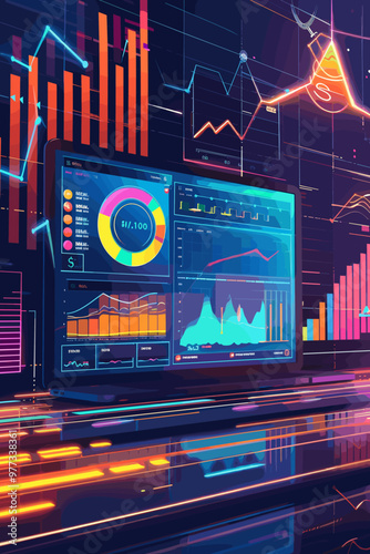 E-commerce data analysis and sales performance tracking with financial charts illustration.