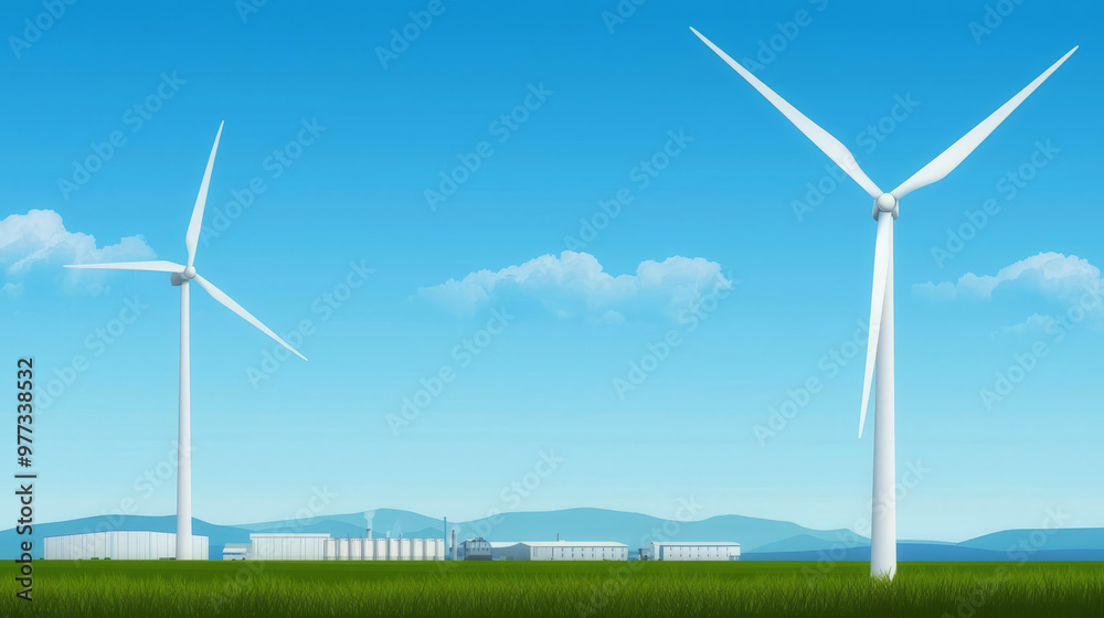 Wind turbines near industrial facilities, green logistics, flat design illustration Wind turbines near industrial facilities, green logistics, flat design illustration