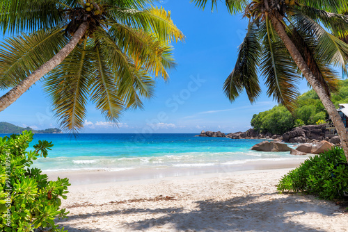 Obraz na płótnie Tropical Beach. Sandy beach with palm and turquoise sea. Summer vacation and tropical beach concept. w salonie