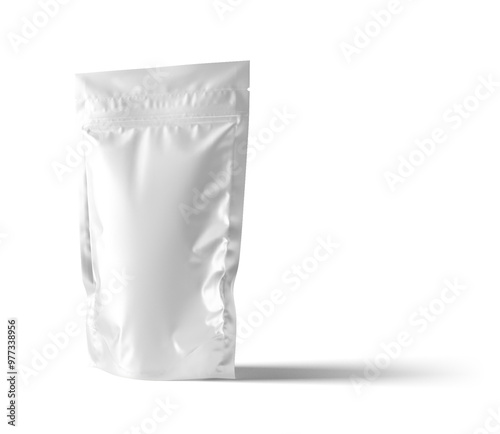 White foil blank bag package on white background aluminium bag Packaging sachet mockup  food branding packaging 3D rendering, 3D illustration, Mockups for Branding Design