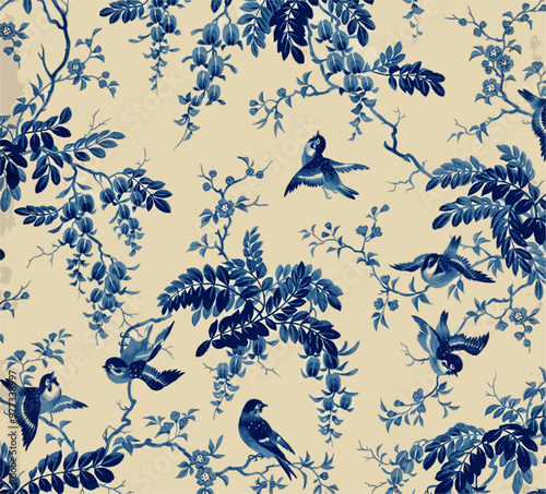 Bluebirds perch on branches with flowers in a pattern against a cream background, evoking classic chinoiserie.