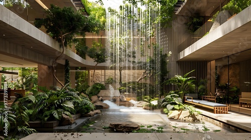 Biophilic office building with indoor waterfall: A biophilic office building integrates nature into its design, featuring an indoor waterfall and abundant greenery, creating a serene and inspiring  photo