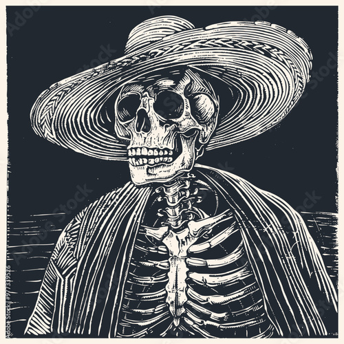 Mexican skeleton in sombrero and poncho, vector illustration