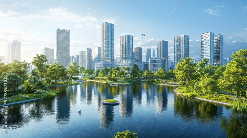 Modern Cityscape with Reflective Pond. generative ai illustration. Modern Cityscape with Reflective Pond. generative ai illustration.