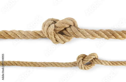 Hemp ropes with knots isolated on white, top view