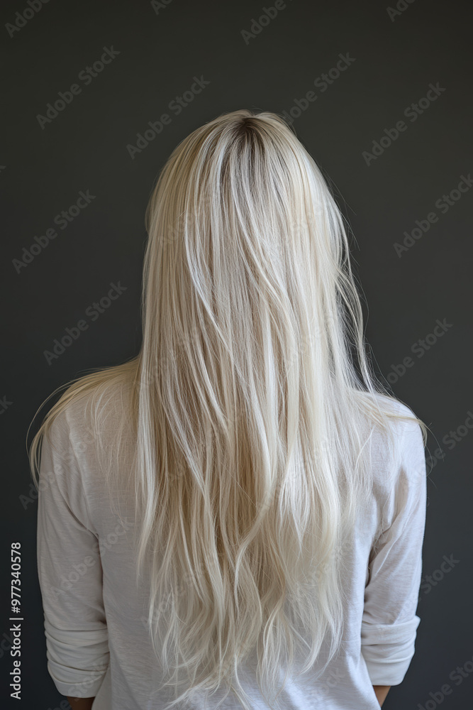 Naklejka premium Back view of woman with long, straight, blonde hair in a casual white shirt against a plain dark background.