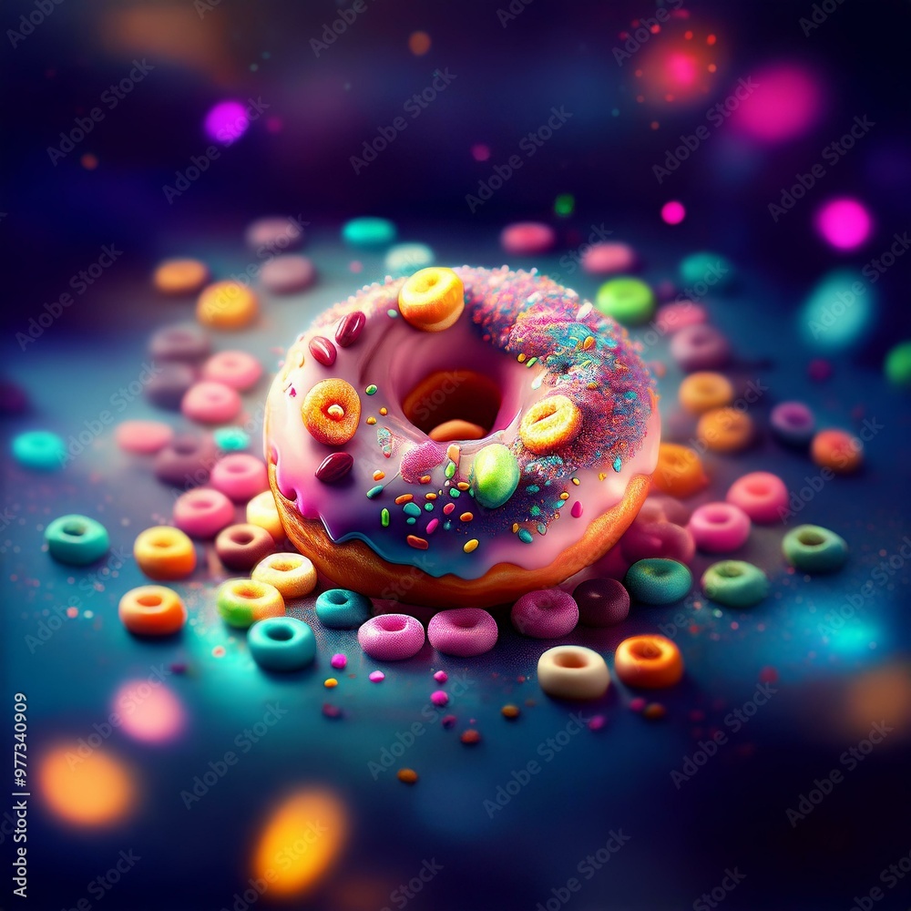 A colorful donut with sprinkles sits on a blue background surrounded by colorful cereal. A colorful donut with sprinkles sits on a blue background surrounded by colorful cereal.