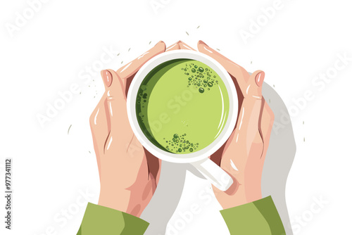 Close-Up of Hands Holding a Teacup with matcha tea st isolated