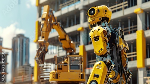 Robot Construction Worker: A robot operating heavy machinery on a construction site, efficiently building structures. 
