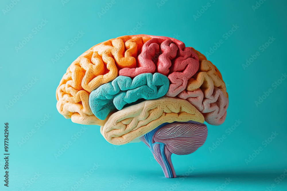 Colorful, detailed model of a human brain against a blue background ...