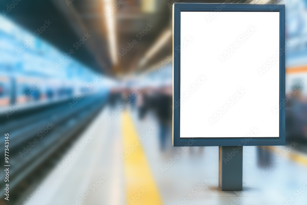 Blank billboard at train station platform, ideal for advertising mockups, marketing designs, and urban presentations in public transportation settings.