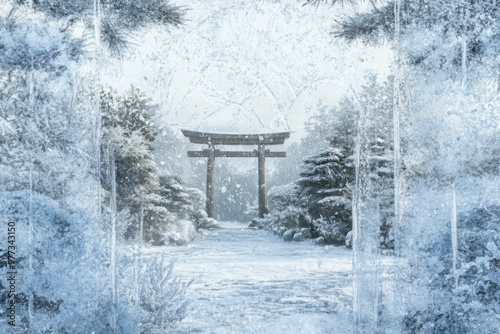 an artistic, frosty windowpane with intricate ice crystal patterns, depicting a snowy japanese garden with a torii gate in the background illustration photo